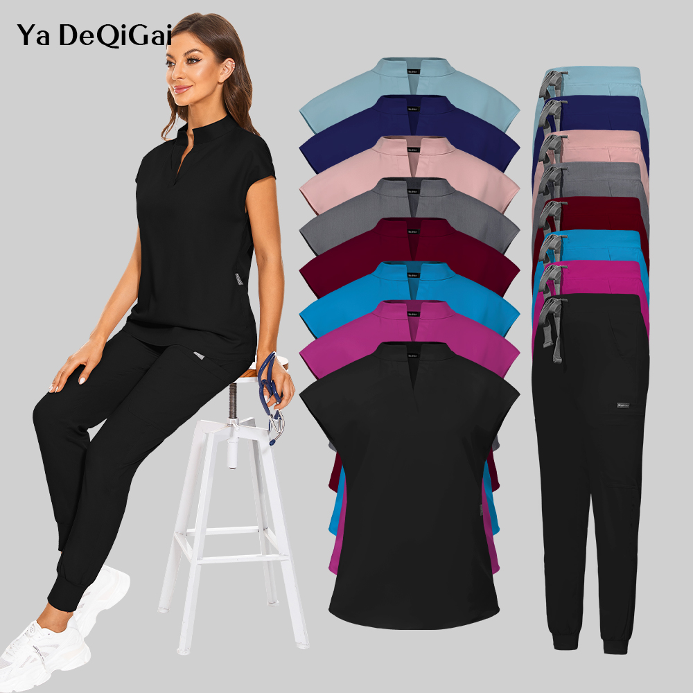 Vet Tech Accessories - PLUS ขนาดชุดขัดผู้หญิงพยาบาลทางการแพทย์เครื่องแบบคอ V-ตัดขัด TOP Jogger กางเกง