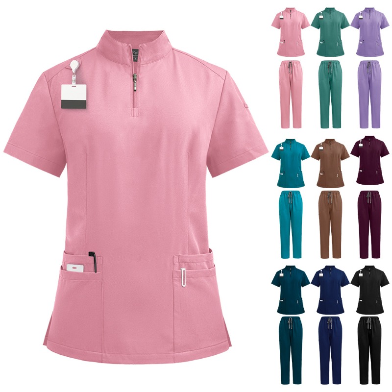 Vet Tech Accessories - ชุดแพทย์แบบมีซิปคอตั้ง ดีไซน์เรียบง่าย สีกลาง สำหรับแพทย์และพยาบาล ชุดทำงานในห้องผ่าตัด